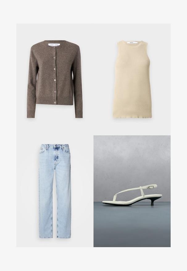 Samsøe Samsøe Kardigan - grey blue mel.; Beige soonikuta silmadega topp, ümmarguse kaelusega, millel on tihe istuvus ja sile tekstuur, ideaalne kihtidena kandmiseks või sooja ilma jaoks.; Heledad sinise värvi laiad teksad, mis on valmistatud denimist, kõrge vöökoht, pleekinud pesu ja peen tie-dye muster ettepoole.; Valge rihmadega kitten-kontsaga sandaal, millel on terav ninaosa, hõljumas puidust plaatpõranda kohal õues, taustal hägune taim ja sein.