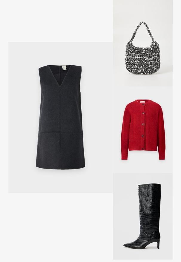 Rode gebreide cardigan met een ronde halslijn, lange mouwen en zes zwarte knopen aan de voorkant. Zachte textuur met een iets losser fit.; Donkergrijze mouwloze jurk met een diepe V-hals, gemaakt van een zachte wolmix, met een rechte silhout en naaddetails.; Zwarte knielaarzen met een glanzende, krokodillenpatroonstructuur, een puntige neus en een taps toelopende hak. Gladde synthetische materiaal.; Geweven handtas in zwart en wit met een ronde vorm, gestructureerd oppervlak en een gevlochten handvat. Geschikt voor dagelijks gebruik.