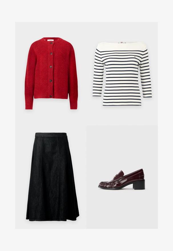 Rode gebreide cardigan met een ronde halslijn, lange mouwen en zes zwarte knopen aan de voorkant. Zachte textuur met een iets losser fit.; Wit shirt met lange mouwen, horizontale donkerblauwe strepen en een klein Tommy Hilfiger-logo op de linkerborst.; Zwarte denim A-lijn rok met een aansluitende taille, vloeiende silhouet, zichtbare stiksels en een lengte tot de knieën. Geen zakken of versieringen.; Bordeaux leren instapper met een ronde neus, geplooide textuur aan de voorkant en een korte zwarte blokhak. Gouden accent op de wreef.
