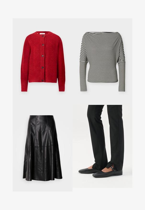 Rød strikket cardigan med rund halsudskæring, lange ærmer og seks sorte knapper foran. Blød struktur med en let løs pasform.; Sort-hvid, vandret striped langærmet top med bådudskæring og tætsiddende ærmer på en ensfarvet baggrund.; Sort lædernederdel med en flagrende silhuet, der har synlige sømme og en glat tekstur. Mellemlang design med en klassisk snit.; Ben iført sorte smalle bukser med forreste slidser ved kanten, parret med sorte flade Mary Jane-sko med lille spænde.