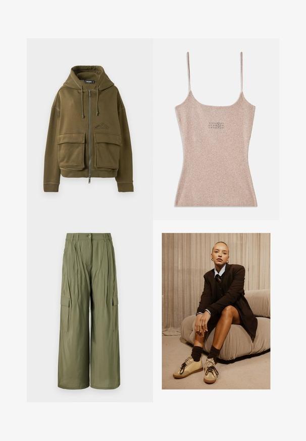 Oliven grøn zip-up hættetrøje med snoretræk, to store frontlommer med klap, ribbede manchetter og et lille logo på venstre bryst.; Ribbet, beige top med tynde justerbare stropper. Har en firkantet udskæring og en lille trykt detalje nær midten.; Oliven grønne brede cargo-bukser med frontfolder, sidelommer og knaplukning. Glat tekstur, letvægtsstof.; Kvinde med tilbagestrøget hår, der sidder på en lav beige sofa iført en sort blazer, lag-på-lag toppe, mørke sokker og beige sneakers.