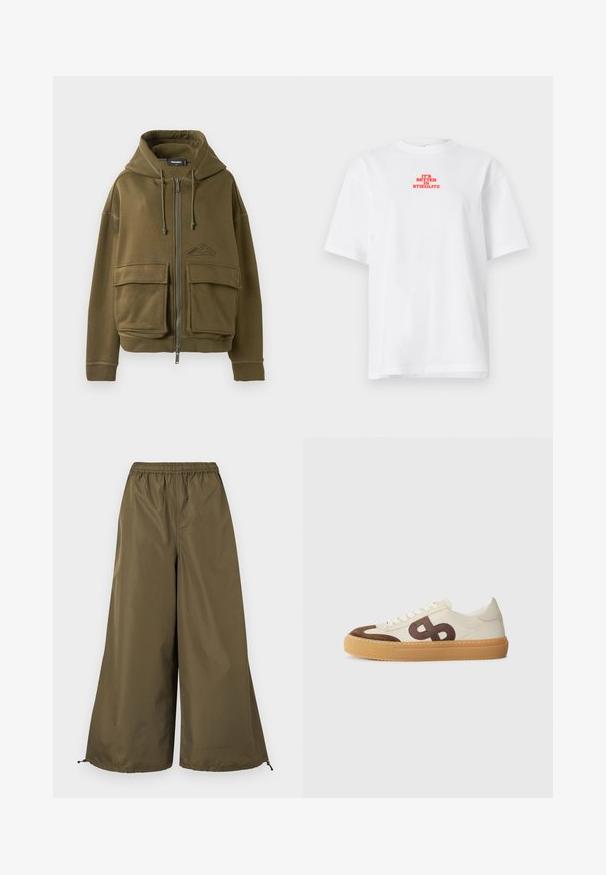 Veste à fermeture éclair vert olive avec cordons de serrage, deux grandes poches avant à rabat, poignets côtelés et un petit logo sur la poitrine gauche.; T-shirt blanc à manches courtes avec texte rouge "C'EST MIEUX À STIEGLITZ" centré près de la partie supérieure de la poitrine.; Pantalon ample à jambes larges de couleur vert olive avec taille élastique et cordons réglables au bas.; Baskets avec un dessus en toile crème, des accents en daim marron, un grand logo stylisé et une semelle en caoutchouc beige avec une texture antidérapante.