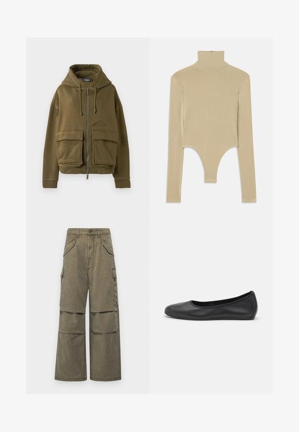 Oliven grøn zip-up hættetrøje med snoretræk, to store frontlommer med klap, ribbede manchetter og et lille logo på venstre bryst.; Beige langærmet turtleneck top i glat stof, med en udskåret bund, der har en tætsiddende facon og minimalisk design.; Khaki cargo bukser i bomuld, der har en bred benstil, flere lommer og syede detaljer. Velegnet til afslappet brug.; Sort læderballetsko med rund tå, glat tekstur, minimal syning og et fleksibelt såldesign.