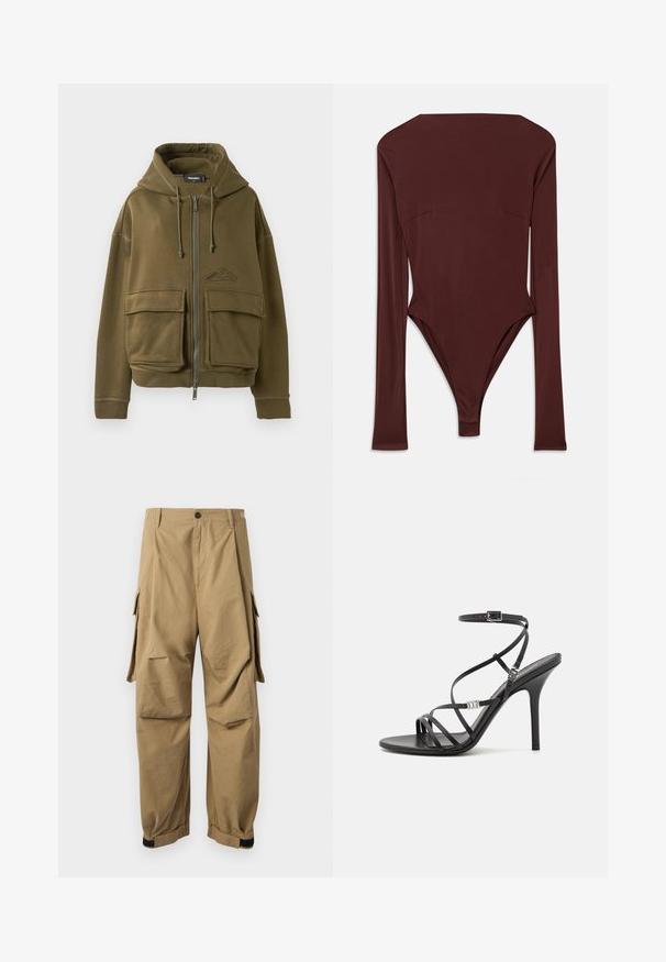 Olijfgroen zip-up hoodie met trekkoorden, twee grote voorflapzakken, ribgebreide cuffs en een klein logo op de linkerkant van de borst.; Donkerbruin langemouwen bodysuit met hoge halslijn en getailleerde pasvorm, plat op een witte achtergrond gelegd.; Khaki cargo pants van lichtgewicht stof, met zijvakken, een knoopsluiting en elastische boorden bij de enkels.; Zwarte hoge hakken sandaal met dunne banden, een enkelgesp, een gladleren oppervlak en een slanke stilettohak.