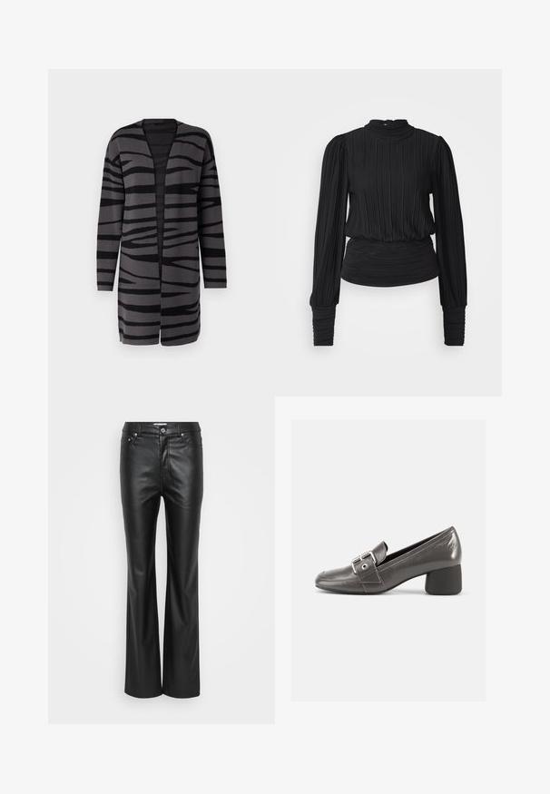 Lange cardigan met een zwart-grijs zebrapatroon, open voorkant, gemaakt van een zachte, gestructureerde stof met lange mouwen.; Zwarte geplooide blouse met een hoge halslijn, lange mouwen en een gathering in de taille. Gladde textuur met een subtiele glans en fitted manchetten.; Zwarte neplederen uitlopende broek met een gladde textuur, voorzien van vijf zakken, riemlussen en een metalen knoopsluiting aan de voorkant.; Zwarte leren schoen met middenhoge hak en ronde neus, voorzien van een decoratieve gesp en een textuurafwerking op het bovenwerk.