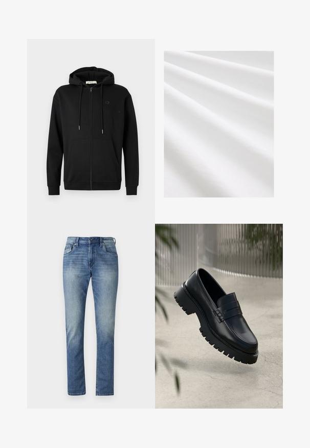 Sort zip-up hoodie med frontlommer, justerbar snøre i hætten og diskret logo på venstre bryst mod en ensfarvet hvid baggrund.; Bomuldsstof, hvid farve, glat tekstur med subtile folder og krøller. Jævn overflade, let reflekterende, uden mønstre eller accenter.; Lyseblå denimjeans med lige pasform, fem lommer og en lysvasket finish. Har en knaplukning og bæltestropper.; Sorte læder loafers med en chunky sål, der har en dekorativ rem og syninger. Glat tekstur med en poleret overflade.