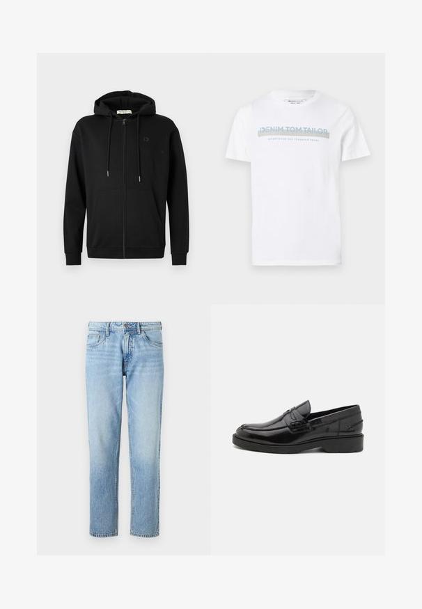 Sudadera con cremallera negra, con bolsillos frontales, capucha ajustable con cordón y un logotipo sutil en el lado izquierdo del pecho, sobre un fondo blanco liso.; Camiseta blanca de algodón con cuello redondo, mangas cortas y un diseño gráfico en azul que dice "DENIM TOM TAILOR establecido en 2007."; Jeans de mezclilla azul claro con corte recto, diseño de cinco bolsillos, textura desgastada y cierre clásico de botón y cremallera.; Mocasines de cuero negro con un acabado suave, punta redondeada, tacón bajo y costura decorativa en la parte delantera. Suela de goma para mayor agarre.
