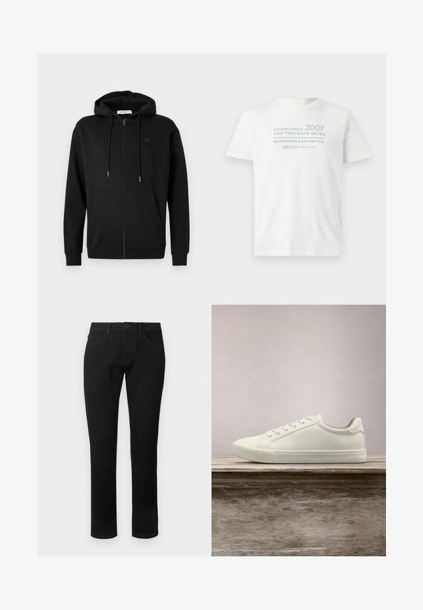 Sort zip-up hoodie med frontlommer, justerbar snøre i hætten og diskret logo på venstre bryst mod en ensfarvet hvid baggrund.; Hvid bomulds t-shirt med teksten "Etableret 2007" og "Northern Aesthetics" i lyseblå, med rund halsudskæring og korte ærmer.; TOM TAILOR TTJOSH REGULAR SLIM FIT - Jeans Tapered Fit - black denim; Hvide snørresneakers svævende over en træbænk med grønne planter i baggrunden, der fremhæver skodesign og tekstur.