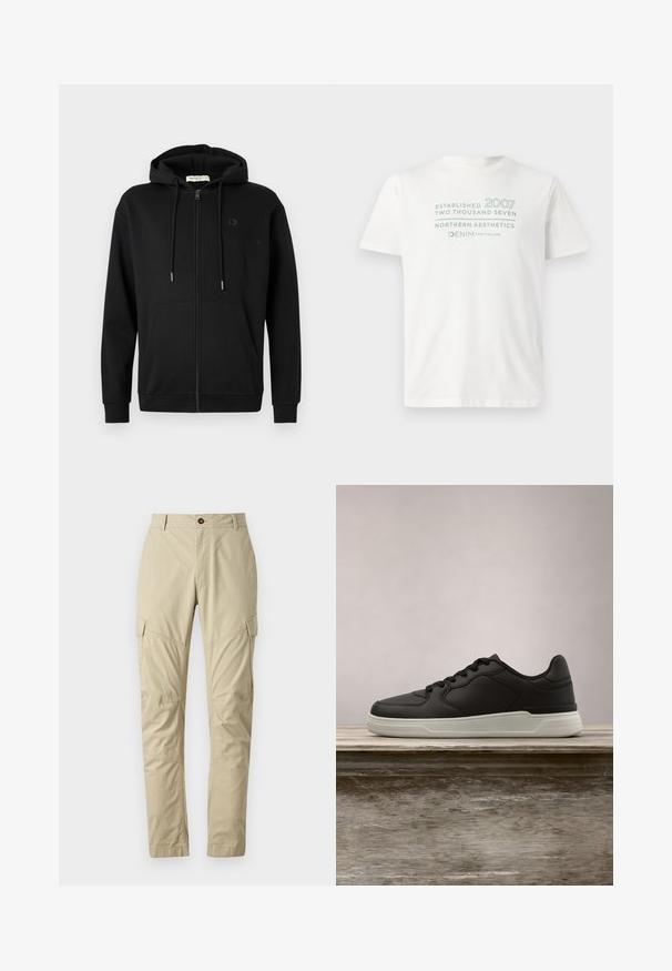 Sort zip-up hoodie med frontlommer, justerbar snøre i hætten og diskret logo på venstre bryst mod en ensfarvet hvid baggrund.; Hvid bomulds t-shirt med teksten "Etableret 2007" og "Northern Aesthetics" i lyseblå, med rund halsudskæring og korte ærmer.; Beige cargo bukser lavet af letvægtsstof, med flere lommer, en knaplukning og et tapered ben design. Glat tekstur.; Sort sneaker med hvid sål hængende over en træbænk, grønne blade i den slørede baggrund.