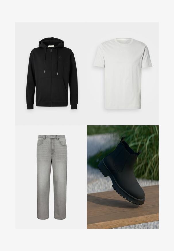 Zwarte zip-up hoodie met voorzakken, verstelbare trekkoordcapuchon en subtiel logo op de linkerkant van de borst tegen een effen witte achtergrond.; Witte katoenen t-shirt met korte mouwen, ronde halslijn en een klein logo op de borst. Zachte textuur en een klassieke pasvorm. Geen patronen.; Lichtgrijze jeans met rechte pijpen, voorzien van een knoopsluiting aan de voorkant, rits, riemlussen en zakken aan de voor- en achterkant, op een effen achtergrond.; Zwarte enkelboot met een gladde afwerking, elastische zijpanelen en een dikke, robuuste zool. Geplaatst tegen een natuurlijke achtergrond op een houten oppervlak.