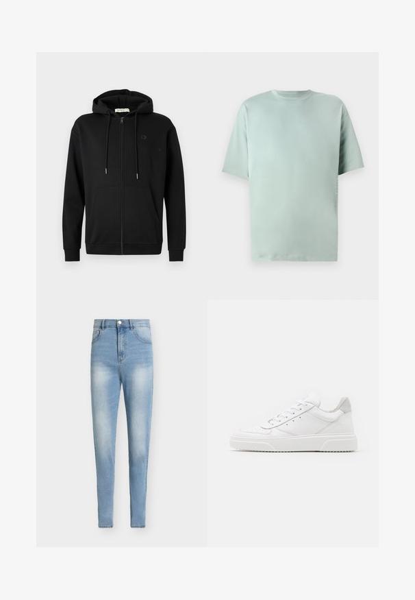 Sort zip-up hoodie med frontlommer, justerbar snøre i hætten og diskret logo på venstre bryst mod en ensfarvet hvid baggrund.; Lysegrøn bomulds T-shirt med rund hals, korte ærmer og en afslappet pasform. Har et diskret trykt detaljer på siden.; Lyseblå højttaljede jeans i denimstof. Slim fit med falmende detaljer, fem lommer og lukning med metal-knap.; Hvide lædersneakers med en glat finish, rund tå, flade snørebånd og en struktureret sål. Grå ruskindsdetalje ved hælen.