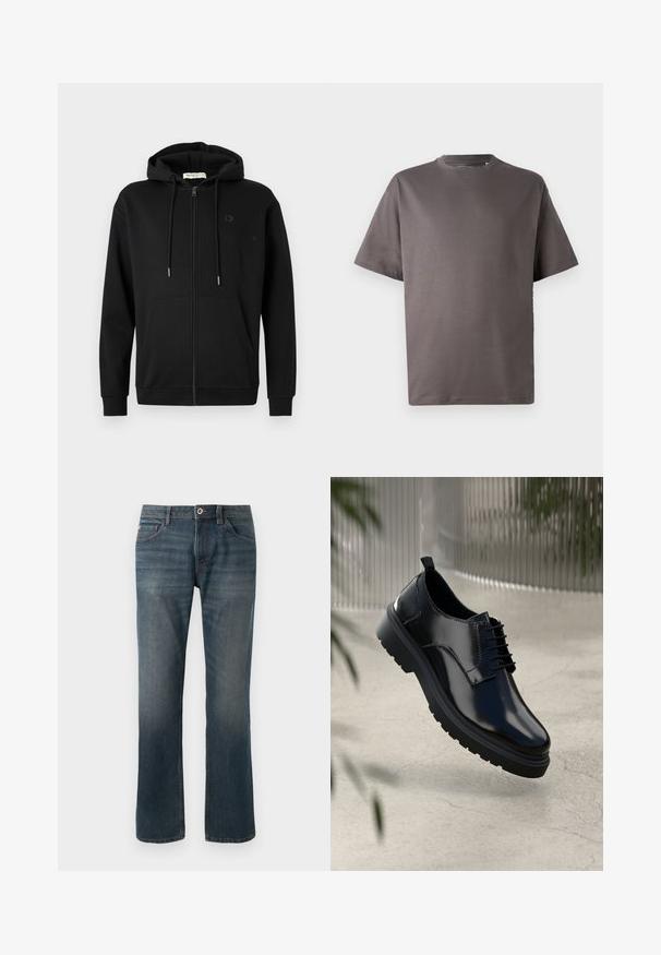 Sudadera con cremallera negra, con bolsillos frontales, capucha ajustable con cordón y un logotipo sutil en el lado izquierdo del pecho, sobre un fondo blanco liso.; Camiseta de manga corta de color gris oscuro con cuello redondo, hecha de una tela suave, con un corte relajado y sin patrones ni detalles visibles.; Jeans de mezclilla azul oscuro con un diseño de pierna recta. Las características incluyen cinco bolsillos, costuras de contraste y un cierre frontal con botón y cremallera.; Zapato de cuero negro con un acabado brillante, puntera redonda, diseño de cordones, costuras de contraste y una suela de goma gruesa con patrones de tracción.