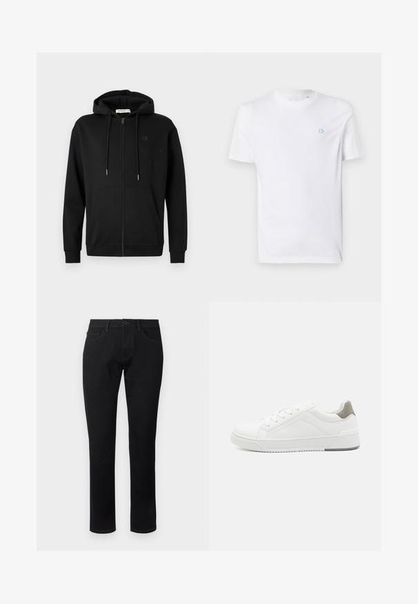 Sudadera con cremallera negra, con bolsillos frontales, capucha ajustable con cordón y un logotipo sutil en el lado izquierdo del pecho, sobre un fondo blanco liso.; Camiseta de algodón blanca con cuello redondo y mangas cortas, con un logotipo azul claro en el lado izquierdo del pecho. Textura suave, diseño simple.; TOM TAILOR TTJOSH REGULAR SLIM FIT - Vaqueros tapered - black denim; Zapatilla blanca con material de cuero liso, punta redonda, diseño minimalista, acento gris en el talón y suela de goma texturizada.