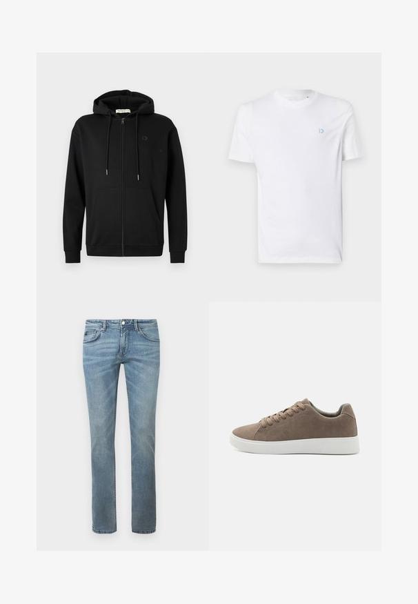 Sort zip-up hoodie med frontlommer, justerbar snøre i hætten og diskret logo på venstre bryst mod en ensfarvet hvid baggrund.; Hvid bomulds t-shirt med rund halsudskæring og korte ærmer, med et lyseblåt logo på venstre bryst. Glat tekstur, enkelt design.; Lys blå jeans med lige ben-design, lavet af denim. Funktioner inkluderer standard lommer, bæltestropper og subtil falmning.; Brune ruskinds sneakers med flade hvide gummisåler, snørelukning, rund tå og en glat overflade. Minimalistisk stil med diskrete syninger.
