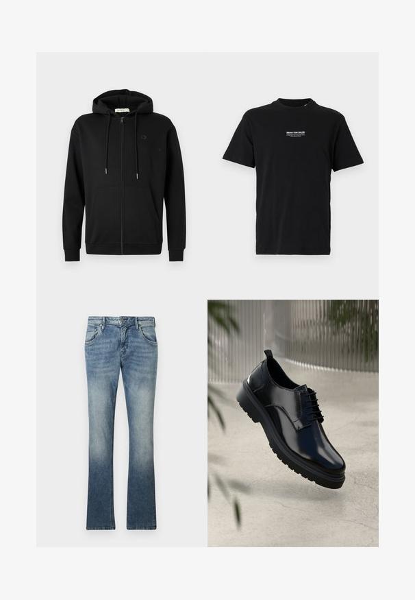 Schwarze Zip-Hoodie mit Fronttaschen, verstellbarem Kordelzug an der Kapuze und dezentem Logo auf der linken Brust vor einem schlichten weißen Hintergrund.; Schwarzes Baumwoll-T-Shirt mit Rundhalsausschnitt, kurzen Ärmeln und einem kleinen weißen Logo auf der linken Brust. Schlichter Schnitt, keine zusätzlichen Muster.; Helleblaue Bootcut-Jeans aus Denim mit einem Farbverlauf, Fünf-Taschen-Design, Metallknopfverschluss und sichtbarem Stich entlang der Nähte.; Schwarzer Lederschuh mit glänzender Oberfläche, runder Spitze, Schnürdesign, kontrastierenden Nähten und einer dicken Gummisohle mit Profilmuster.
