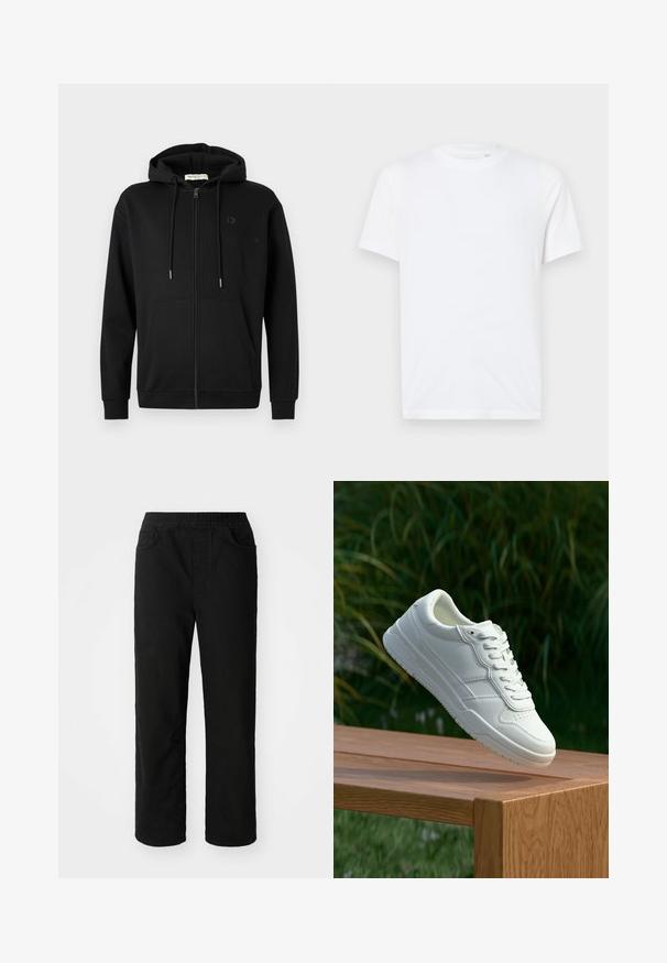 Sudadera con cremallera negra, con bolsillos frontales, capucha ajustable con cordón y un logotipo sutil en el lado izquierdo del pecho, sobre un fondo blanco liso.; Camiseta de algodón blanca con cuello redondo y mangas cortas. Presenta un pequeño logo en relieve en el lado izquierdo del pecho. Textura suave.; Pantalones de algodón negros con un ajuste relajado, cinturilla elástica, dos bolsillos delanteros y piernas rectas. Textura suave sin patrones visibles.; Zapatilla de cuero blanca con una textura suave, que presenta un diseño perforado, cordones clásicos y suela de goma, posicionada sobre una superficie de madera.