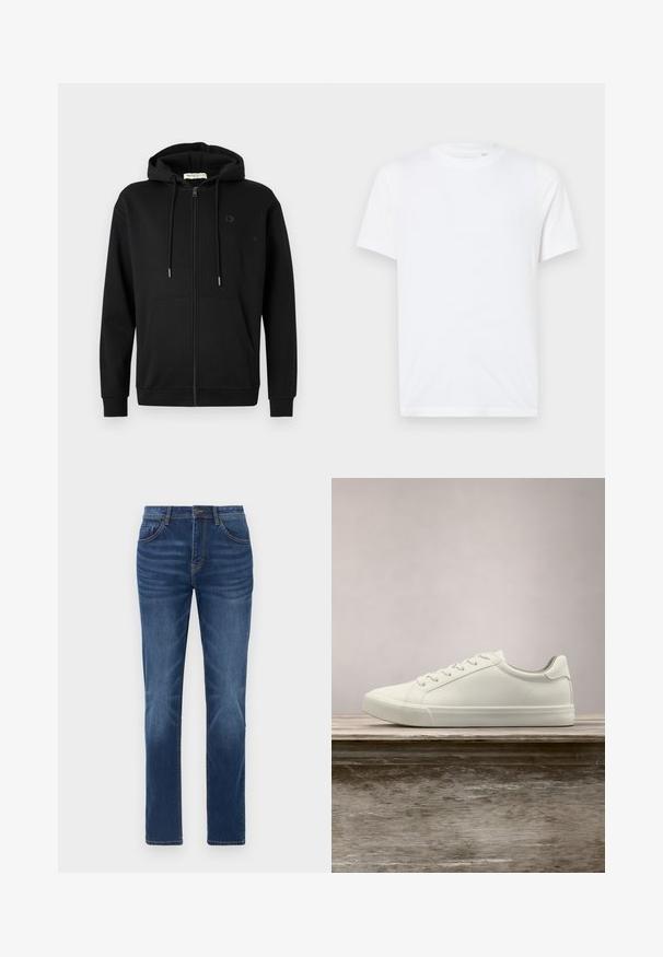 Zwarte zip-up hoodie met voorzakken, verstelbare trekkoordcapuchon en subtiel logo op de linkerkant van de borst tegen een effen witte achtergrond.; Witte katoenen t-shirt met een ronde hals en korte mouwen. Bevat een klein, reliëf logo op de linkerkant van de borst. Gladde textuur.; Donkerblauwe denim jeans met een klassieke rechte pasvorm, vijfzakkenontwerp en lichte vervaging details op de benen. Voorzien van een knoop- en ritssluiting.; Witte vetersneaker die boven een houten bank zweeft met groene bladeren op de achtergrond, waarbij het ontwerp en de textuur van de schoen worden getoond.