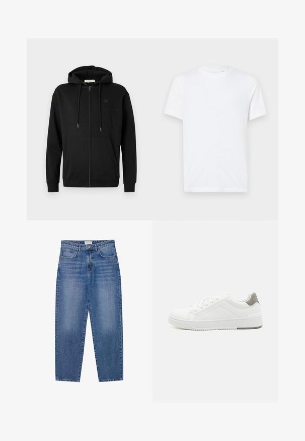 Zwarte zip-up hoodie met voorzakken, verstelbare trekkoordcapuchon en subtiel logo op de linkerkant van de borst tegen een effen witte achtergrond.; Witte katoenen t-shirt met een ronde hals en korte mouwen. Bevat een klein, reliëf logo op de linkerkant van de borst. Gladde textuur.; Blauwe denim jeans met een hoge taille, rechte pijpen en een vervaagde afwerking. Beschikt over vijf zakken en een knoopsluiting.; Witte sneaker van glad leer met een ronde neus, minimalistisch ontwerp, grijze hielaccent en een geplaatste rubberen zool.