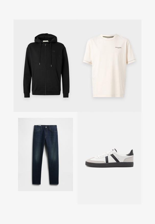 Čierna zipová mikina s prednými vreckami, nastavitelnou kapucňou so šnúrkou a diskrétnym logom na ľavej hrudi na jednoduchom bielom pozadí.; Pepe Jeans TARSEY TEE - Tričko s potlačou - off white; Tmavomodré džíny z denimu so strihaťou s rovnými nohavicami, obsahujúce päť vreciek, zapínanie na gombíky a jemné vyblednutie na stehnách. Klasické štepovanie.; Biele tenisky s čiernymi a šedými akcentmi, s textúrovanou šedou špičkou, čiernou gumovou podrážkou a plochými bielymi šnúrkami. Čistý dizajn, minimalistický štýl.
