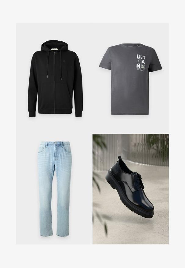 Čierna zipová mikina s prednými vreckami, nastavitelnou kapucňou so šnúrkou a diskrétnym logom na ľavej hrudi na jednoduchom bielom pozadí.; TOM TAILOR DENIM Tričko s potlačou - ash grey; Svetlomodré džínsy s rovnými nohavicami, s piatimi vreckami, jemným vybledním a kovovým gombíkom na páske.; Čierna kožená topánka s lesklým povrchom, okrúhlou špičkou, šnurovacími detailmi, kontrastným prešívaním a hrubou gumovou podrážkou so vzorom na podrážke.