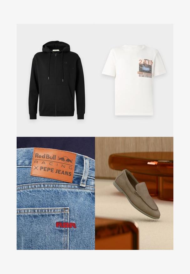 Mustat vetoketjulliset hupparit, joissa on etutaskut, säädettävä nyöripää ja hillitty logo vasemmassa rinnassa, valkoista taustaa vasten.; TOM TAILOR DENIM Printtipaita - gardenia white; Denimfarkut, joissa on ruskea nahkapalane, jossa lukee "Red Bull Racing X Pepe Jeans." Ominaisuuksiin kuuluu punainen "RBR"-kirjailu ja vaaleansiniset pesut.; Beigenvärinen mokkainen päältä vedettävä loafer-mallinen kengä, jossa näkyvä tikkaus ja vaalea pohja, asetettuna vaaleanbeigen maton päälle, taustalla oranssin läpikuultava huonekalu.