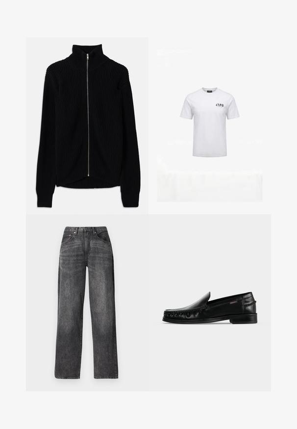 Schwarzer gerippter Pullover mit hohem Kragen und vollem Reißverschluss. Verfügt über einen strukturierten Stoff und einen leicht abgerundeten Saum für einen geschichteten Look.; Weißes T-Shirt mit kurzen Ärmeln und Rundhalsausschnitt mit kleinem schwarzem Textlogo "CSR Atelier" auf der linken Brust.; Schwarze, gerade geschnittene Jeans mit hoher Taille, vorderen und hinteren Taschen, Gürtelschlaufen und sichtbaren Nahtdetails.; Schwarzer Leder-Slipper mit niedrigem Absatz und genähter Moc-Toe-Naht, dargestellt auf einem einfarbigen hellgrauen Hintergrund.