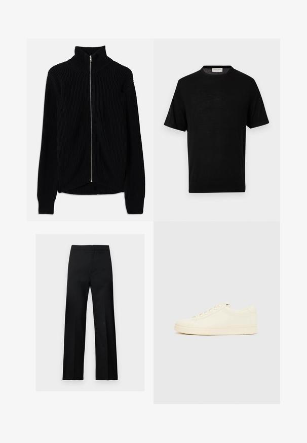 Schwarzer gerippter Pullover mit hohem Kragen und vollem Reißverschluss. Verfügt über einen strukturierten Stoff und einen leicht abgerundeten Saum für einen geschichteten Look.; Schwarzes, kurzärmliges Strick-T-Shirt mit Rundhalsausschnitt und gerippten Bündchen, Etikett im Kragen innen mit der Aufschrift "Tiger of Sweden 1903."; Schwarze, gerade geschnittene formelle Hose mit hoher Taille und einem klaren, minimalistischen Design, dargestellt vor einem einfachen hellen Hintergrund.; Cremefarbener Sneaker mit glattem Lederoberteil, abgerundeter Zehenpartie, Schnürung vorne und strukturierter Gummisohle. Minimalistisches Design, ohne Logos.