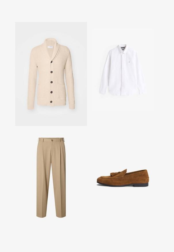 Beige gestrickte Strickjacke mit Schalkragen, fünf dunklen Knöpfen, strukturiertem Stoff und zwei vorderen Taschen. Lange Ärmel mit gerippten Bündchen.; Weißes Langarm-Hemd mit Button-Down-Kragen aus Baumwolle. Verfügt über einen modischen Kragen, eine Knopfleiste und ein kleines gesticktes Logo auf der Brust.; Beige maßgeschneiderte Hose mit vorderen Falten, Gürtelschlaufen, Knopfverschluss und geradem Bein.; Brauner Herrenslipper aus Wildleder mit Quasten-Detail und flacher schwarzer Sohle, seitlich mit geprägtem Markennamen.