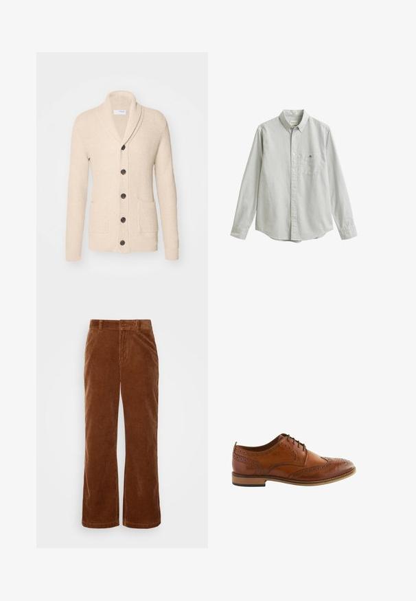 Beige strikket cardigan med sjalskrave, fem mørke knapper, tekstureret stof og to forlommer. Lange ærmer med ribbede manchetter.; Langærmet skjorte med knapper, lysegrå og hvide lodrette striber, krave, brystlomme og knappede manchetter.; Brune fløjl bukser med et bredbenet design, der har vertikalt ribbet tekstur, en knaplukning og standard bælteløkker.; Brune lædersko med wingtipsdesign, perforerede detaljer og en lav stablet hæl. Snørebåndslukning og glat tekstur.