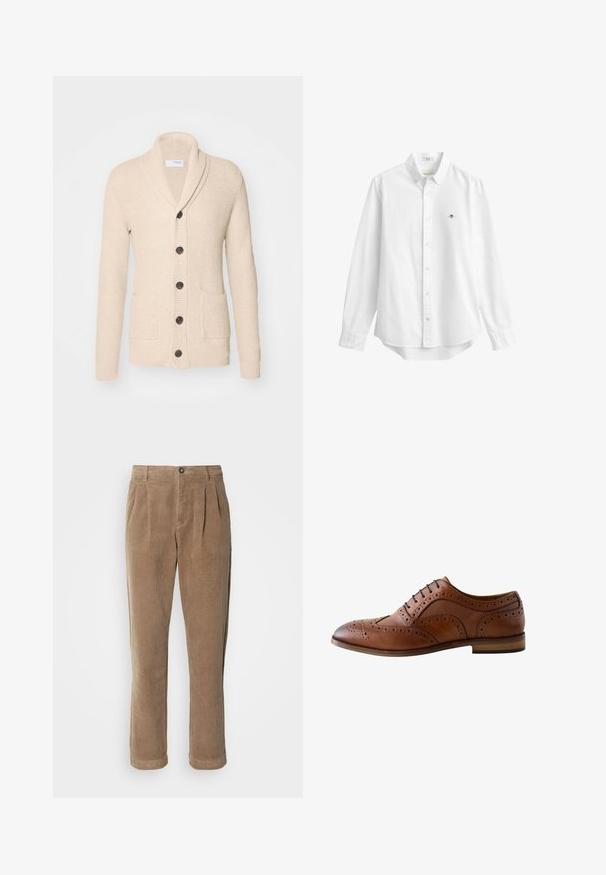 Beige gestrickte Strickjacke mit Schalkragen, fünf dunklen Knöpfen, strukturiertem Stoff und zwei vorderen Taschen. Lange Ärmel mit gerippten Bündchen.; Weißes Langarmhemd mit Knopfleiste, Kragen und kleinem gesticktem Logo auf der linken Brust, vor schlichtem Hintergrund gezeigt.; Braune Cordhosen mit einem hochgeschnittenen Design, featuring vorderen Falten, einem Knopfverschluss und geraden Beinen. Das strukturierte Material ist sichtbar.; Brauner Herrenschuh aus Leder mit Brogue-Muster, Wingtip-Design, perforierten Details, schwarzen Schnürsenkeln und flachem Absatz vor weißem Hintergrund.