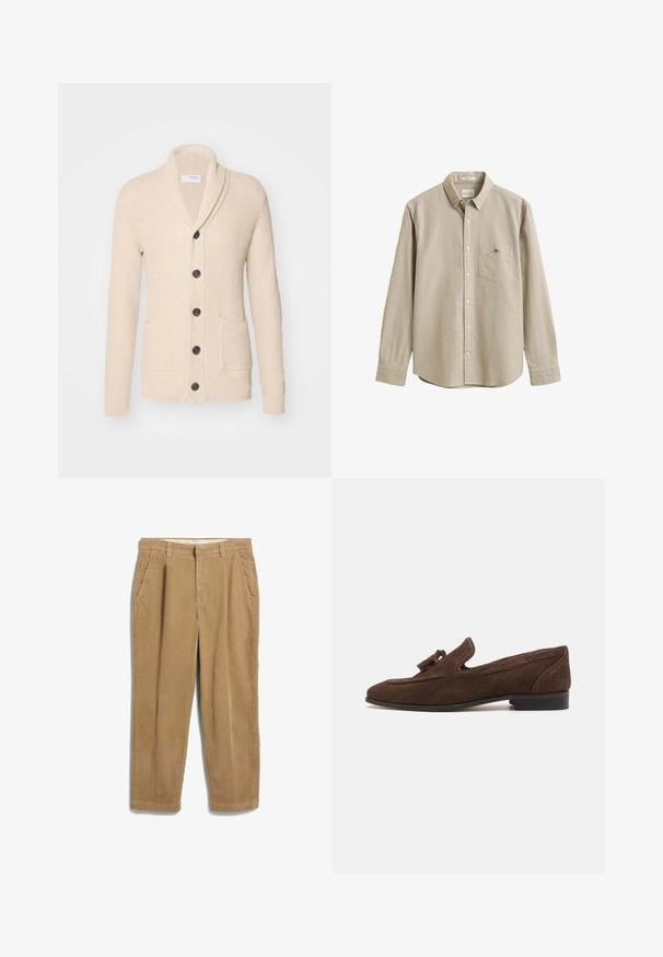 Beige gebreide cardigan met sjaalkraag, vijf donkere knopen, een gestructureerde stof en twee voorzakken. Lange mouwen met ribbels aan de manchetten.; Beige overhemd met lange mouwen, knoopsluiting, kraag, borstzak en een klein geborduurd logo op de zak. Het overhemd is afgebeeld tegen een effen achtergrond.; Beige corduroy broek met zijzakken, riemlussen en een ritssluiting aan de voorkant, plat gelegd op een witte achtergrond.; Bruine suède instapper met een lage hak, voorzien van een decoratieve kwast en gestikte details langs de zijkanten. Soepele textuur en verfijnde vorm.