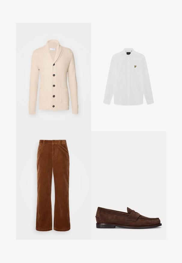Beige strikket cardigan med sjalskrave, fem mørke knapper, tekstureret stof og to forlommer. Lange ærmer med ribbede manchetter.; Hvid langærmet skjorte med knapper, foldet krave og lille gult fuglelogo på venstre brystside.; Brune fløjl bukser med et bredbenet design, der har vertikalt ribbet tekstur, en knaplukning og standard bælteløkker.; Brun ruskind penny loafer med lav hæl og synlig syning langs tåen, siden og bagpå, vist på ensartet lys baggrund.