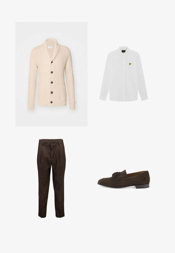 Cárdigan de punto beige con cuello de chal, cinco botones oscuros, tejido texturizado y dos bolsillos frontales. Mangas largas con puños acanalados.; Camisa blanca de manga larga con botones, cuello doblado y pequeño logo de un pájaro amarillo en el lado izquierdo del pecho.; Pantalones marrones de lana para hombre con pliegues delanteros, cierre de botones y trabillas para cinturón, mostrados sobre un fondo blanco.; Mocasín de ante marrón oscuro para hombre con borlas, tacón bajo y punta redondeada, mostrado de perfil sobre un fondo blanco.