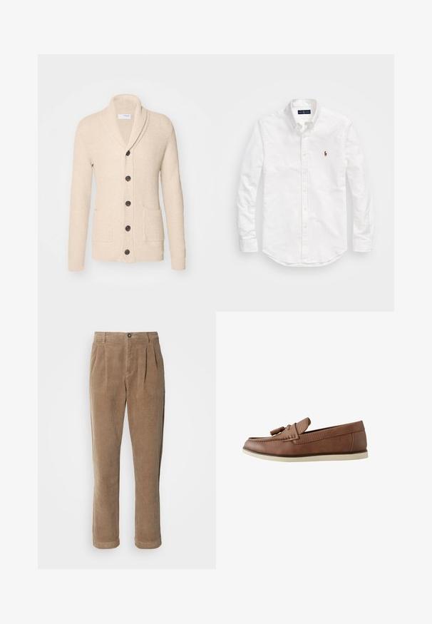 Beige gestrickte Strickjacke mit Schalkragen, fünf dunklen Knöpfen, strukturiertem Stoff und zwei vorderen Taschen. Lange Ärmel mit gerippten Bündchen.; Weißes Hemd mit Knöpfen aus Baumwolle, mit langen Ärmeln, abgerundetem Saum und einem kleinen gestickten Logo auf der Brust.; Braune Cordhosen mit einem hochgeschnittenen Design, featuring vorderen Falten, einem Knopfverschluss und geraden Beinen. Das strukturierte Material ist sichtbar.; Braune Leder-Loafers mit einer strukturierten Band- und Quastenverzierung, ausgestattet mit einer weißen Gummisohle und einem abgerundeten Zehendesign.