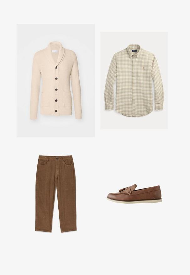 Beige gebreide cardigan met sjaalkraag, vijf donkere knopen, een gestructureerde stof en twee voorzakken. Lange mouwen met ribbels aan de manchetten.; Beige-wit geruit overhemd met lange mouwen, knoopsluiting, button-down kraag en klein geborduurd logo op de borst.; Bruine corduroy broek met verticale ribbels, vijf zakken en een knoopsluiting. Rechtafstaand model met een zachte, gestructureerde oppervlakte.; Bruine leren loafers met een gestructureerde band en kwastdetail, voorzien van een witte rubberen zool en een afgeronde neus.