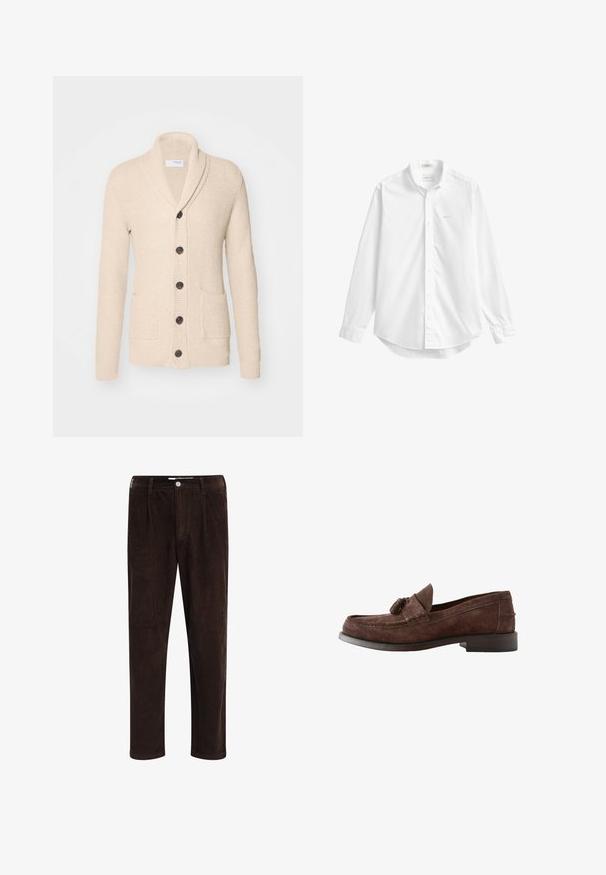 Beige gestrickte Strickjacke mit Schalkragen, fünf dunklen Knöpfen, strukturiertem Stoff und zwei vorderen Taschen. Lange Ärmel mit gerippten Bündchen.; Weißes, langärmeliges Hemd mit Knopfleiste, Kragen, kleinem gesticktem Logo auf der Brust und abgerundetem Saum.; Redefined Rebel JOHN COMFORT FIT - Stoffhose - demitasse; Brauner Herren-Slipper aus Wildleder mit Quasten-Detail und niedrigem gestapeltem Absatz, Seitenansicht auf weißem Hintergrund.