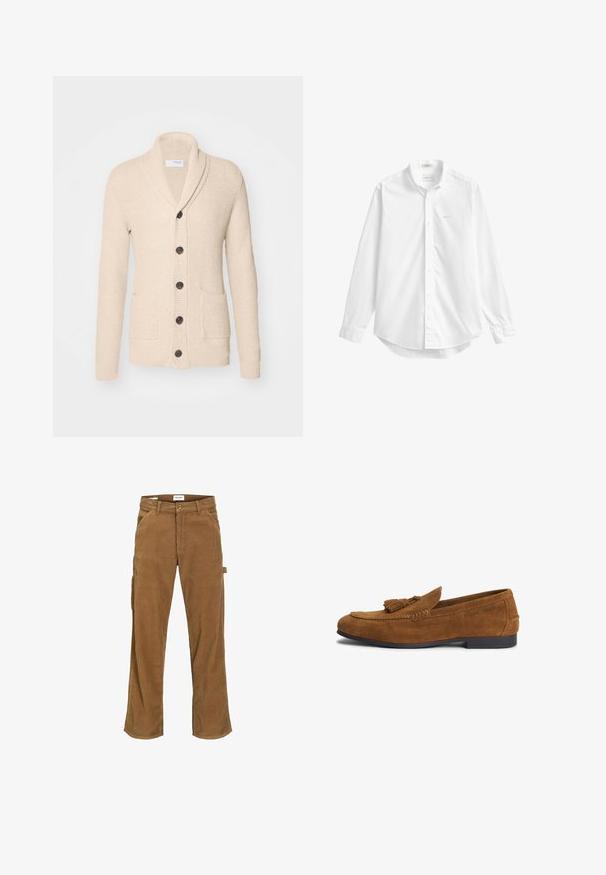 Beige strikket cardigan med sjalskrave, fem mørke knapper, tekstureret stof og to forlommer. Lange ærmer med ribbede manchetter.; Hvid langærmet skjorte med knapper, krave, lille broderet logo på brystet og buet kant.; Brune corduroy bukser med regular fit, der har sidelommer, en enkelt cargo-lomme og en knaplukning i taljen.; Brun herre loafer i ruskind med kvastdetalje og lav sort sål, siden præget med mærkets navn.