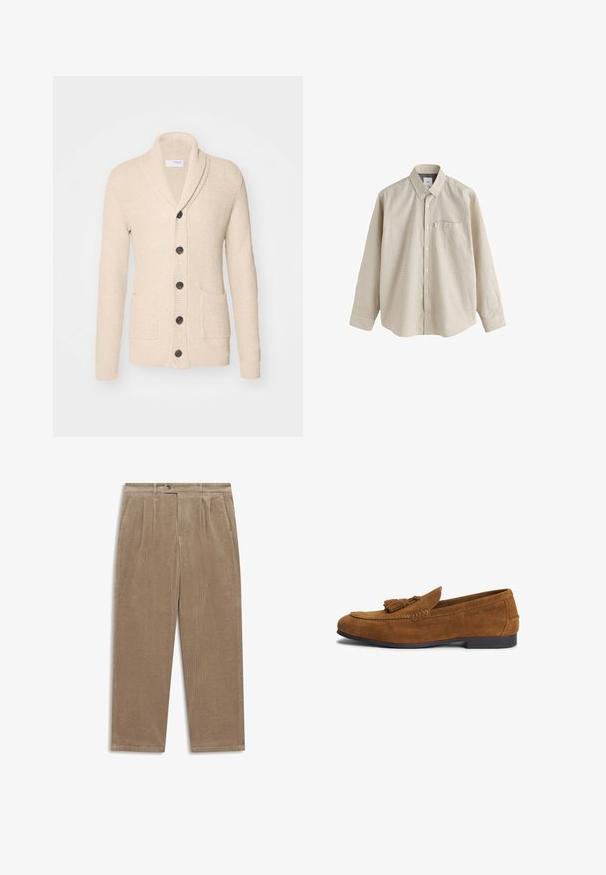 Beige gestrickte Strickjacke mit Schalkragen, fünf dunklen Knöpfen, strukturiertem Stoff und zwei vorderen Taschen. Lange Ärmel mit gerippten Bündchen.; Beiges Langarmhemd mit kleinem Karo-Muster, Knopfleiste am Kragen, vorderen Knöpfen und einer Brusttasche auf weißem Hintergrund.; Beige Cordhosen mit vorderen Falten, Seitentaschen, Gürtelschlaufen und Knopfverschluss an der Taille.; Brauner Herrenslipper aus Wildleder mit Quasten-Detail und flacher schwarzer Sohle, seitlich mit geprägtem Markennamen.