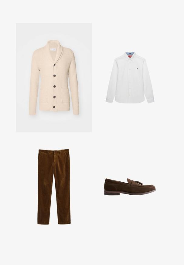 Beige gebreide cardigan met sjaalkraag, vijf donkere knopen, een gestructureerde stof en twee voorzakken. Lange mouwen met ribbels aan de manchetten.; Wit overhemd met lange mouwen, knoopsluiting, puntkraag en klein zwart geborduurd logo op de linkerborst, tegen een witte achtergrond.; Bruine ribfluwelen broek met een rechte pijpdesign, voorzien van een voorste knoopsluiting en twee zijzakken. Gestructureerde stof met een geribbeld patroon.; Bruine suède herentasselloafer met lage gestapelde hak en gestikte details op een witte achtergrond.