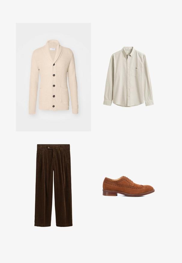 Beige gestrickte Strickjacke mit Schalkragen, fünf dunklen Knöpfen, strukturiertem Stoff und zwei vorderen Taschen. Lange Ärmel mit gerippten Bündchen.; Beige-weiß vertikal gestreiftes Langarmhemd mit Kragen und Brusttasche, flach ausgelegt ohne Person.; Dunkelbraune, weit geschnittene Cordhosen mit vorderen Falten, seitlichen Eingrifftaschen, Gürtelschlaufen und einem Knopfverschluss an der Taille.; Braune Wildleder-Oxfordschuhe mit Flügelspitze, runder Zehenpartie und brauner Ledersohle. Verfügt über durchbrochene Akzente entlang des Schafts.