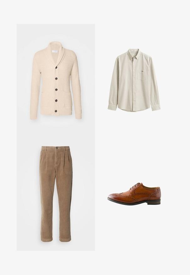 Beige gebreide cardigan met sjaalkraag, vijf donkere knopen, een gestructureerde stof en twee voorzakken. Lange mouwen met ribbels aan de manchetten.; Beige-wit verticaal gestreept overhemd met lange mouwen, kraag en borstzak, plat neergelegd zonder persoon.; Bruine corduroy broeken met een hoog in de taille gesneden ontwerp, voorzien van voorplooien, een knoopsluiting en rechte pijpen. De textuur van de stof is zichtbaar.; Bruine leren herenschoen met brogue-details, vleugelperforatie en zwarte veters, getoond vanaf de buitenkant.