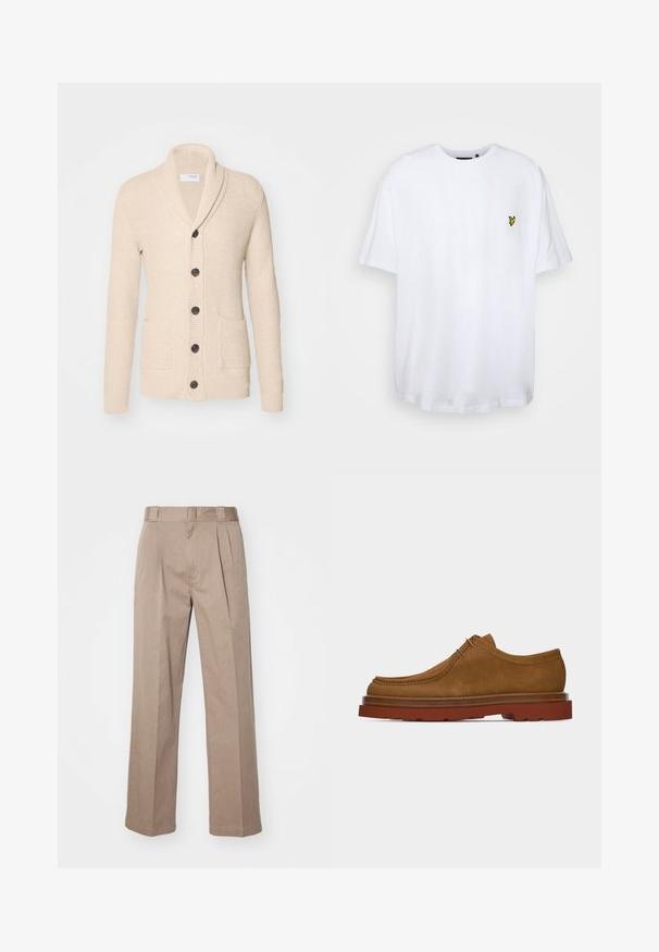 Beige gebreide cardigan met sjaalkraag, vijf donkere knopen, een gestructureerde stof en twee voorzakken. Lange mouwen met ribbels aan de manchetten.; Witte katoenen t-shirt met ronde hals en korte mouwen, voorzien van een klein geel geborduurd logo op de linker borst.; Beige, hoge taille broek met een wijde pijpontwerp. Bevat twee voorplooien en een soepele textuur. Standaard lengte met een nette afwerking.; Bruine suède heren veterschoen met dikke rode rubberen zool en mocassinnaaistijl, weergegeven in zijprofiel.