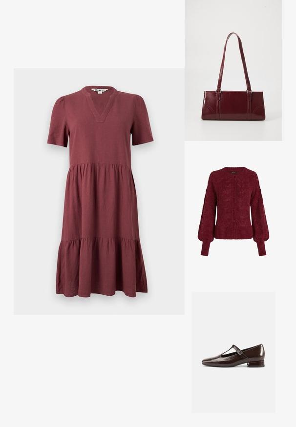 Cardigan en tricot bordeaux avec un col rond, une fermeture à boutons et un ourlet côtelé. Présente des motifs texturés et des manches bouffantes.; Robe mauve à manches courtes, à volants, avec col en V et panneaux plissés à la taille, longueur midi, confectionnée dans un tissu doux.; Chaussures Mary Jane en cuir verni marron avec un bout arrondi, un design ajouré et une bride réglable. Talon bas bloc.; Sac à main bordeaux en matériau brillant, de forme rectangulaire, avec deux anses et des accents légèrement courbés à l'avant.