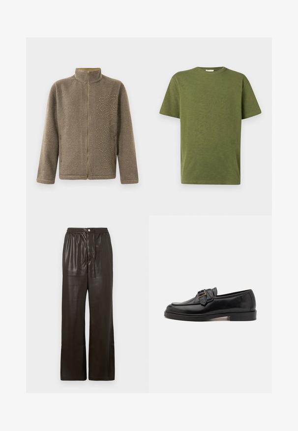 Fleecetrøje i brun med højt krave, lynlås og dekorative guldnitter i et svungen mønster på den ene side.; Kaki grøn bomulds-T-shirt med afslappet pasform, rund halsudskæring og korte ærmer. Har en diskret tekstdetalje på venstre side foran.; Mørkebrune faux læder bukser med elastisk talje, frontknaplukning og brede lige ben.; Sorte læder loafers med rund tå og en dekorativ spændeaccent. Flad, solid hæl og glat tekstur hele vejen igennem.