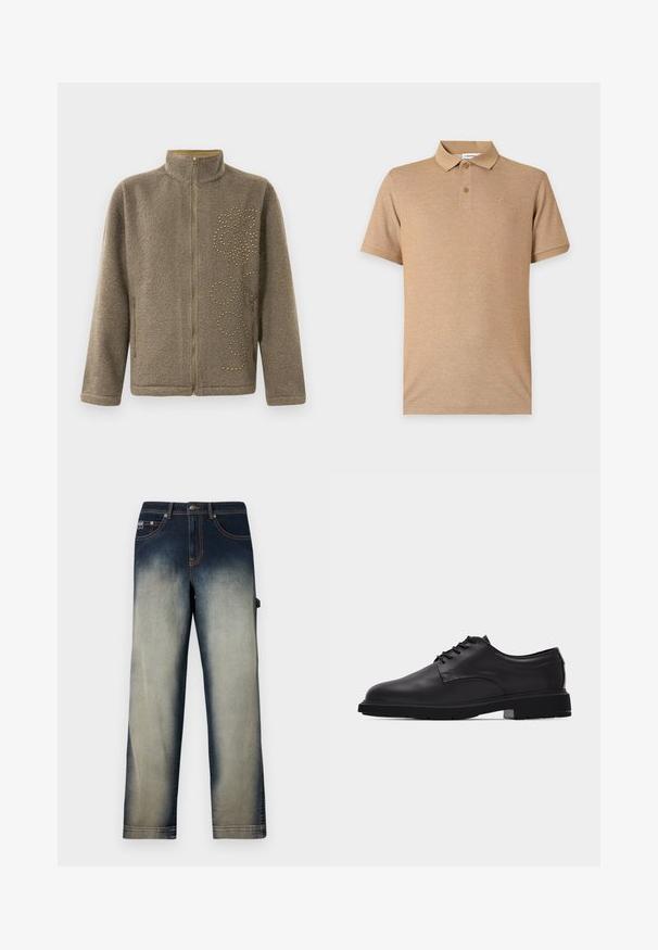 Fleecejacke in Braun, mit hohem Kragen, Reißverschluss und dekorativen goldenen Nieten in einem spiralförmigen Muster auf einer Seite.; Beiges kurzärmeliges Polohemd mit zwei Knöpfen und einem dezent bestickten Logo auf der linken Brust, vor schlichtem Hintergrund gezeigt.; Gerade geschnittene Denim-Jeans mit verblasstem Effekt von dunkelblauem Bund zu hellblauen Beinen, ausgestattet mit Fronttaschen und Gürtelschlaufen.; Schwarzer Herrenschuh aus Leder mit Schnürung, glatter Oberfläche und dicker Gummisohle, im Profil auf weißem Hintergrund gezeigt.