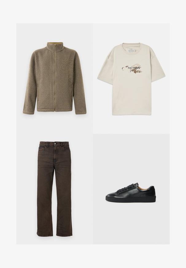 Fleecetrøje i brun med højt krave, lynlås og dekorative guldnitter i et svungen mønster på den ene side.; Beige kortærmet t-shirt lavet af bomuld, med et grafisk design af skyer og et øje, mærket "FENG CHEN WANG" i stiliseret tekst.; Mørkebrune jeans med lige ben, forlommer, bæltestropper og knaplukning foran på en ensfarvet baggrund.; Sorte lædersneakers med en glat overflade, rund tå og snørebåndslukning. Har en tyk gummisål og minimal branddetalje.