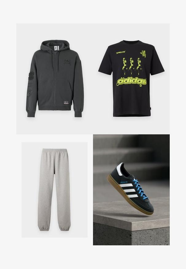 Grå zip-up sweatshirt lavet af blødt stof. Har hætte, ribbede manchetter og to trykte logoer på brystet og ærmet. Regular fit design.; Sort bomulds t-shirt med et lysende grønt grafisk design med tre figurer og "adidas" tekst nederst. Rund hals stil.; Lysegrå joggingbukser med elastik i taljen og ved anklerne, lige ben, lavet af blødt stof.; Sort Adidas sneaker med hvide striber, blå snørebånd og gummisål, der svæver over gråt betontrin i blødt lys.
