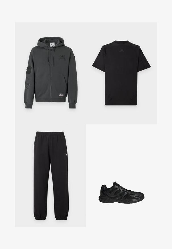 Grå zip-up sweatshirt lavet af blødt stof. Har hætte, ribbede manchetter og to trykte logoer på brystet og ærmet. Regular fit design.; Sort atletisk T-shirt med korte ærmer, rund halsudskæring og flatlock-sømme. Har et præget logo i den øverste midte. Glat tekstur.; Sorte Adidas sweatpants med elastisk talje og manchetter, med et lille hvidt Adidas trefoil-logo på det øverste venstre ben.; Sort atletiksko med mesh og syntetisk overdel, polstret sål mærket "Cloudfoam" og snørelukning, vist i sideprofil.