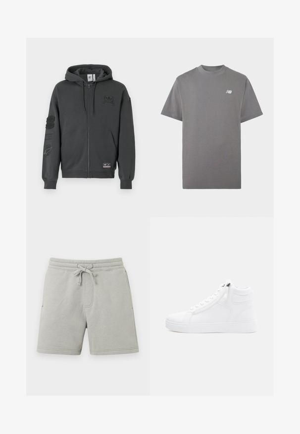 Grå zip-up sweatshirt lavet af blødt stof. Har hætte, ribbede manchetter og to trykte logoer på brystet og ærmet. Regular fit design.; Grå kortærmet T-shirt med rund hals og en lille hvid New Balance-logo på venstre bryst mod en ensfarvet baggrund.; Lysegrå bomuldsshorts med elastisk linning, snørre, sidelommer og knælængde.; Høj-top hvid sneakers lavet af glat syntetisk materiale. Har en lynlås på siden, rund tå og tekstureret gummisål.