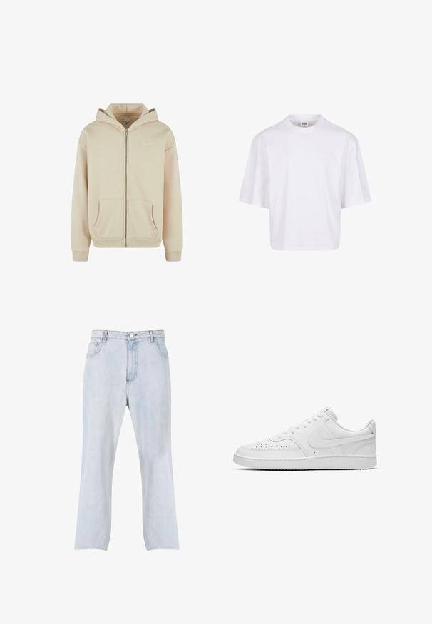 Sudadera con cremallera color beige, con bolsillos frontales, puños y cintura de canalé. Presenta un pequeño logo blanco en el área del pecho izquierdo. Textura de tela suave.; Camiseta blanca de manga corta con cuello redondo y corte relajado, fabricada en una suave mezcla de algodón. Sin patrones ni adornos.; Vaqueros de mezclilla azul claro con piernas rectas, cierre delantero con botón y cremallera, y diseño de cinco bolsillos.; Zapatillas bajas de cuero blanco con puntera perforada, laterales texturizados y suela de goma lisa. Presentan un diseño minimalista y detalles de costura.